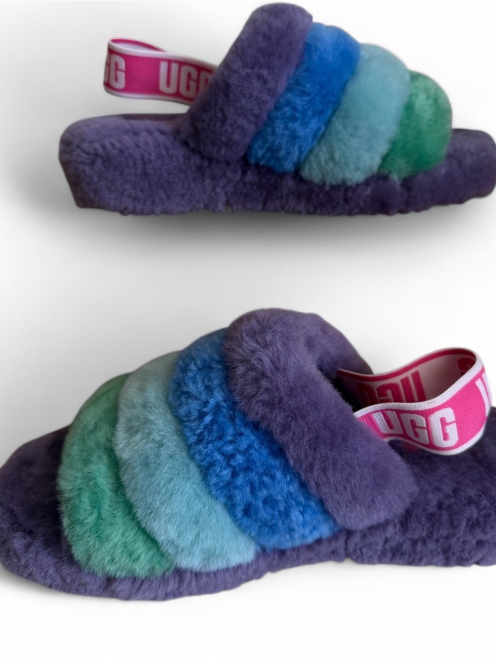 UGG Pride Fluff Yeah Rainbow Purple fuzzy slides slipper sz 9 NWOT